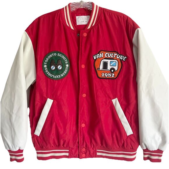 Zara Varsity Jacket Kids Size 11 12 Red White Cool Outerwear Camping Embroidered - Picture 1 of 10